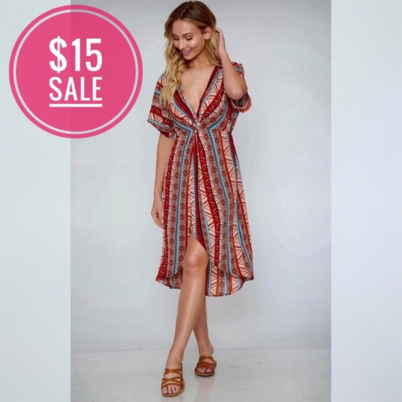 Aztec Red Teal Short Sleeve Tulip Hem Dress - Picture 11 of 11